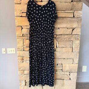 Black & White Dandelion Sprig Printed Women's Tall Maxi Dress Pockets Cap slvs